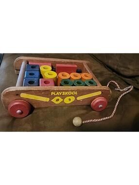 Vintage 1970s Playskool Wagon Pull Along Toy Cart With Wooden Letter Blocks